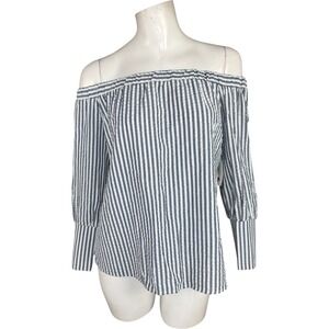 Ces Femme Blue White Stripe Off Shoulder Blouse Small Cotton Poly NWT